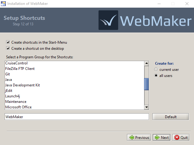 WebMaker Installation - Setup Shortcuts